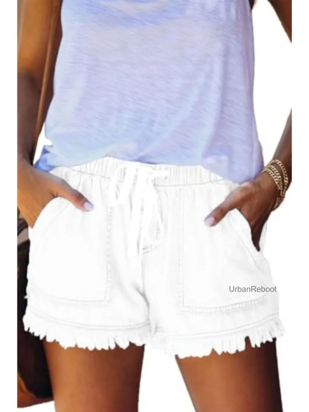 Women's High Rise Denim Shorts with Pockets - Distressed Frayed Hem Casual